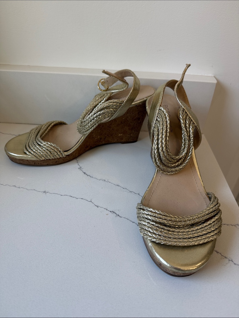 BCBGeneration Metallic Gold Braided Wedge Sandals